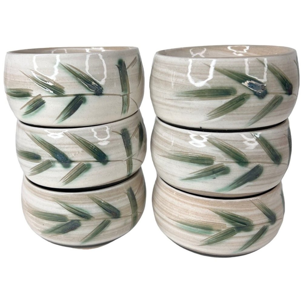 6 Vintage Otagiri Japanese Stoneware Sake Tea Cups Bamboo Rice Bowls OMC Japan
